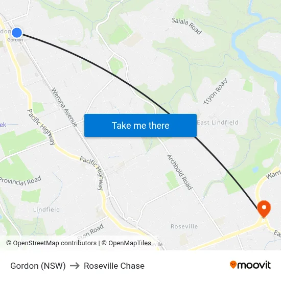 Gordon (NSW) to Roseville Chase map