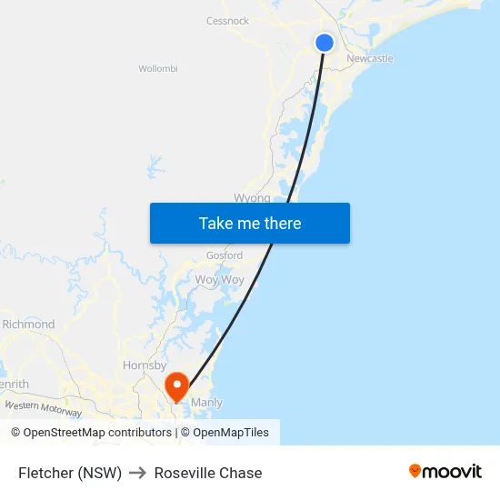 Fletcher (NSW) to Roseville Chase map
