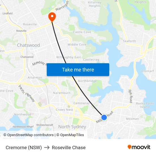 Cremorne (NSW) to Roseville Chase map