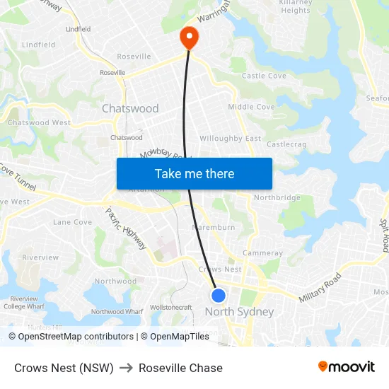 Crows Nest (NSW) to Roseville Chase map