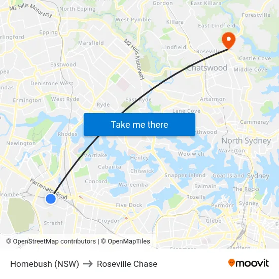 Homebush (NSW) to Roseville Chase map