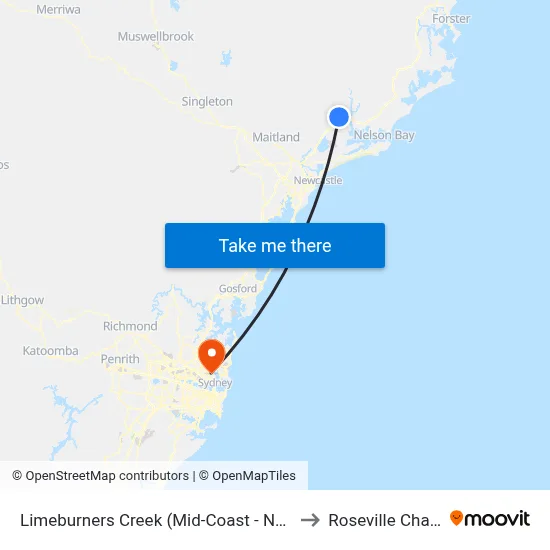Limeburners Creek (Mid-Coast - NSW) to Roseville Chase map