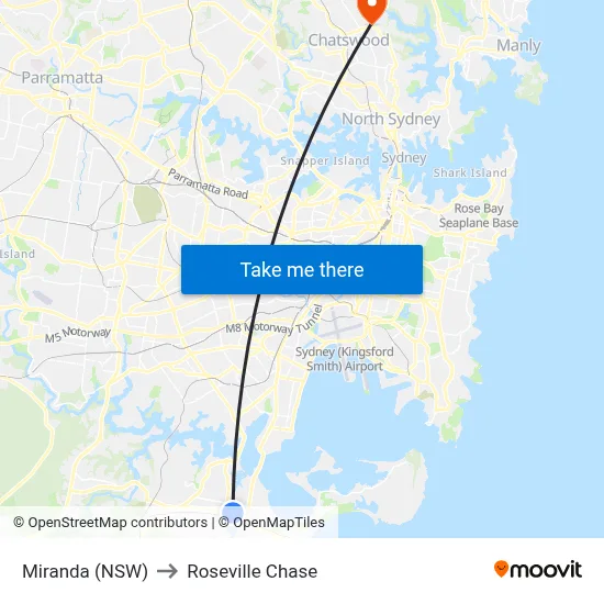 Miranda (NSW) to Roseville Chase map