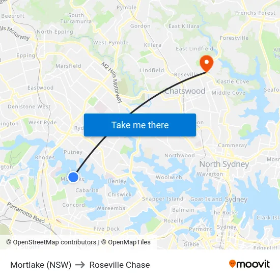 Mortlake (NSW) to Roseville Chase map