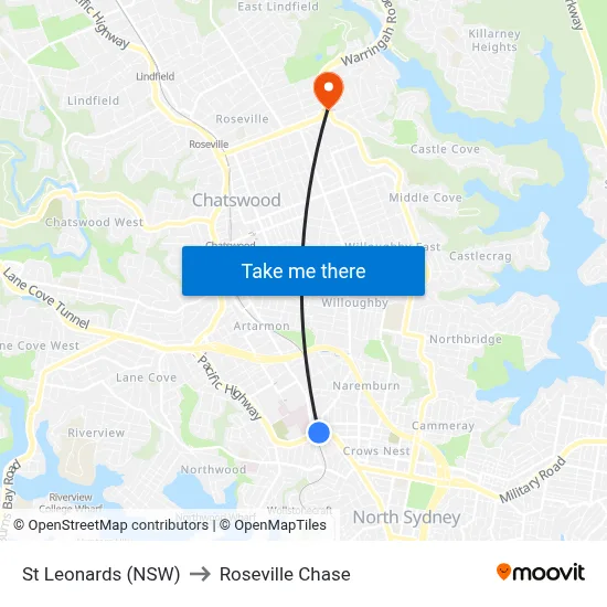 St Leonards (NSW) to Roseville Chase map