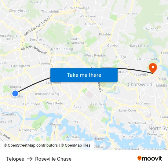 Telopea to Roseville Chase map