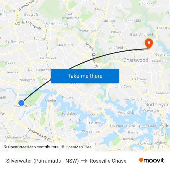 Silverwater (Parramatta - NSW) to Roseville Chase map