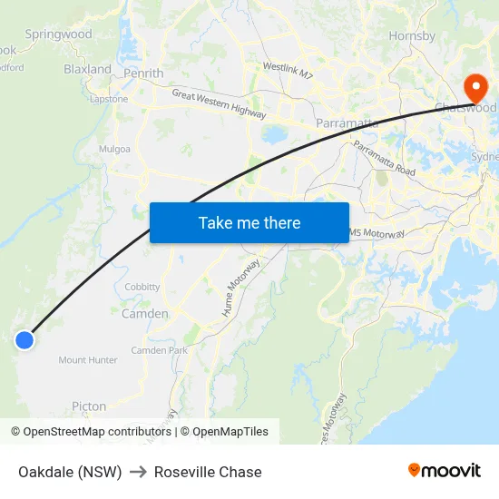 Oakdale (NSW) to Roseville Chase map
