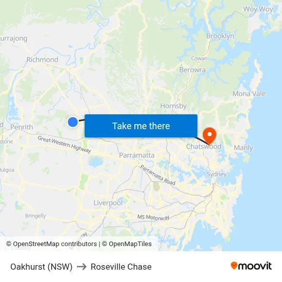 Oakhurst (NSW) to Roseville Chase map