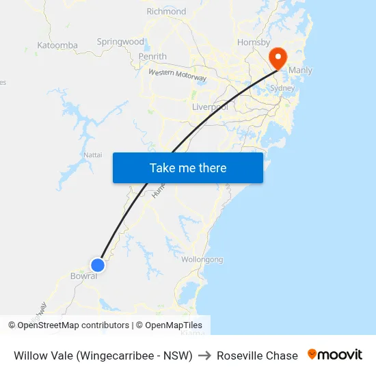 Willow Vale (Wingecarribee - NSW) to Roseville Chase map