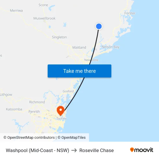 Washpool (Mid-Coast - NSW) to Roseville Chase map