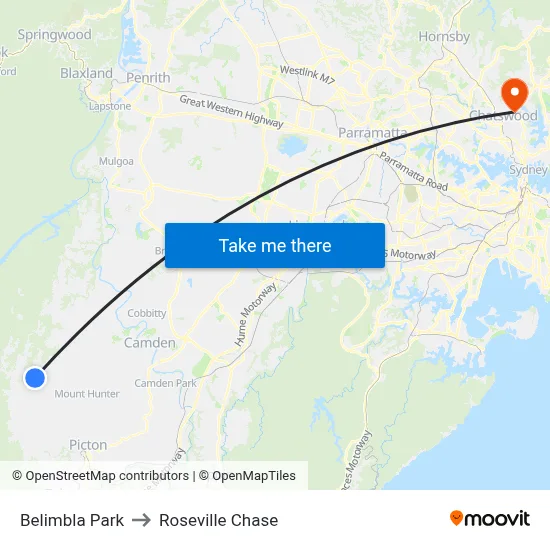 Belimbla Park to Roseville Chase map