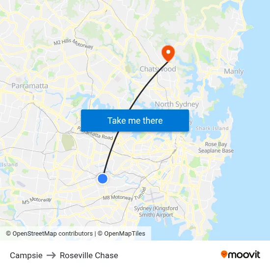 Campsie to Roseville Chase map