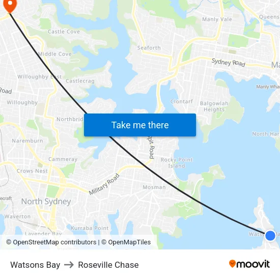 Watsons Bay to Roseville Chase map
