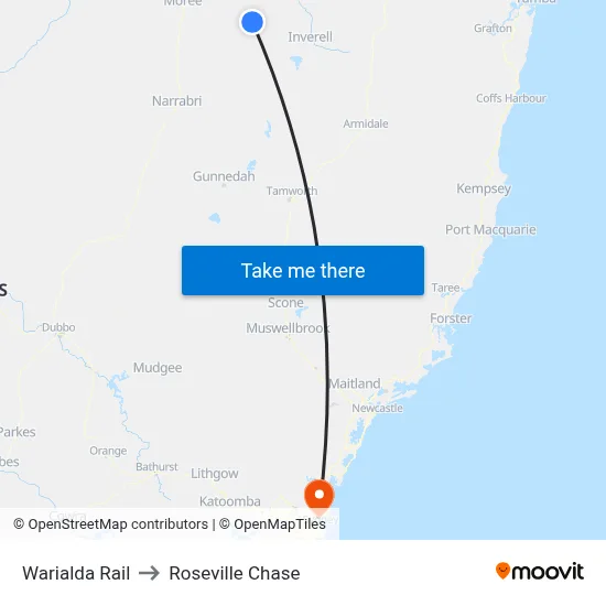 Warialda Rail to Roseville Chase map