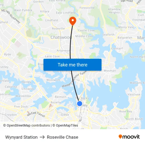 Wynyard Station to Roseville Chase map