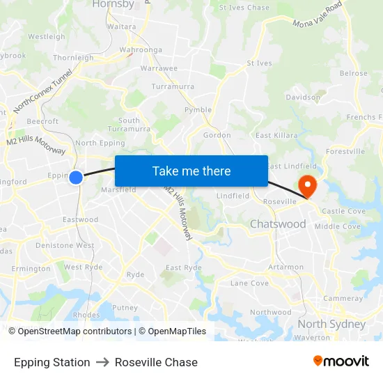 Epping Station to Roseville Chase map