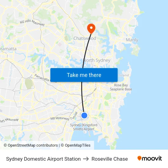 Sydney Domestic Airport Station to Roseville Chase map