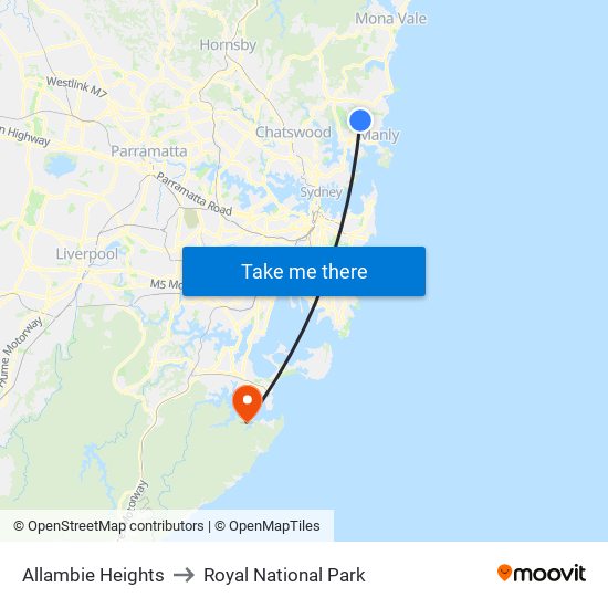 Allambie Heights to Royal National Park map