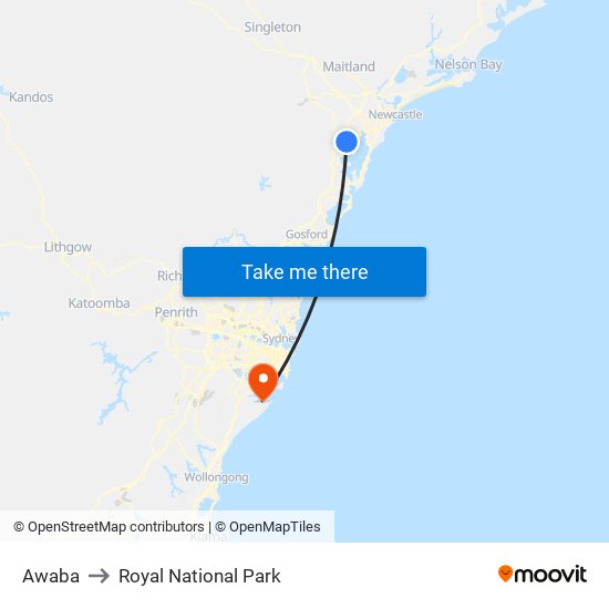 Awaba to Royal National Park map