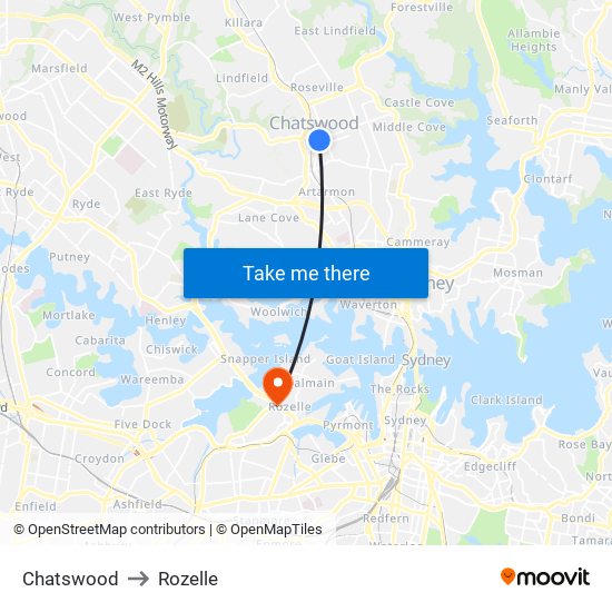 Chatswood to Rozelle map