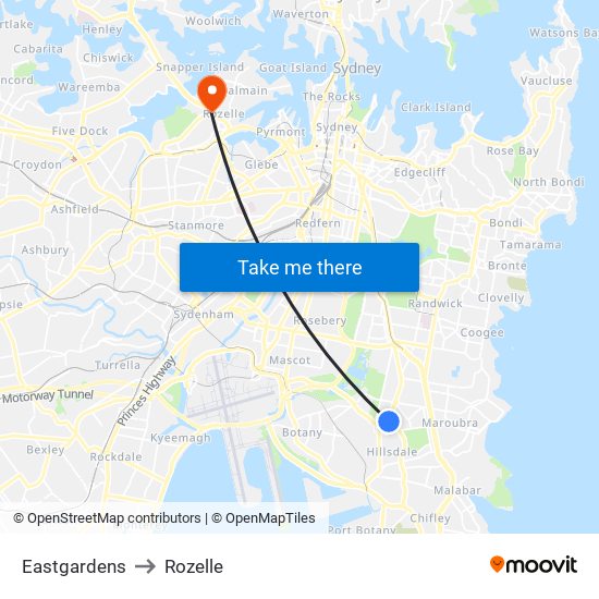 Eastgardens to Rozelle map