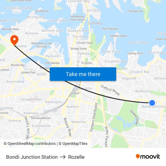 Bondi Junction Station to Rozelle map