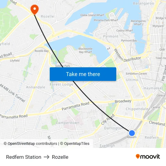 Redfern Station to Rozelle map
