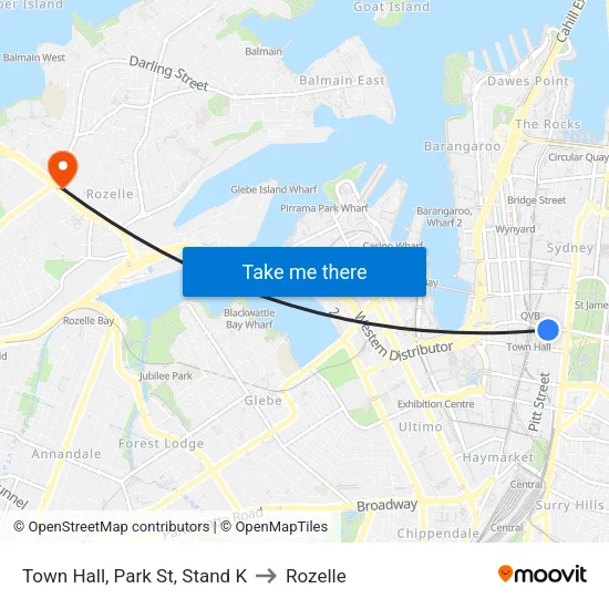 Town Hall, Park St, Stand K to Rozelle map