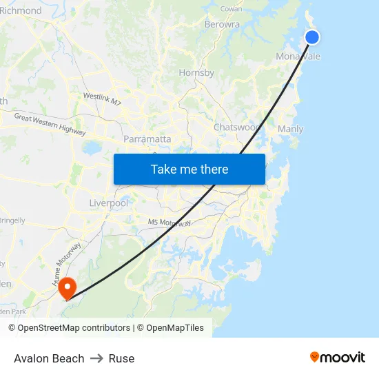 Avalon Beach to Ruse map