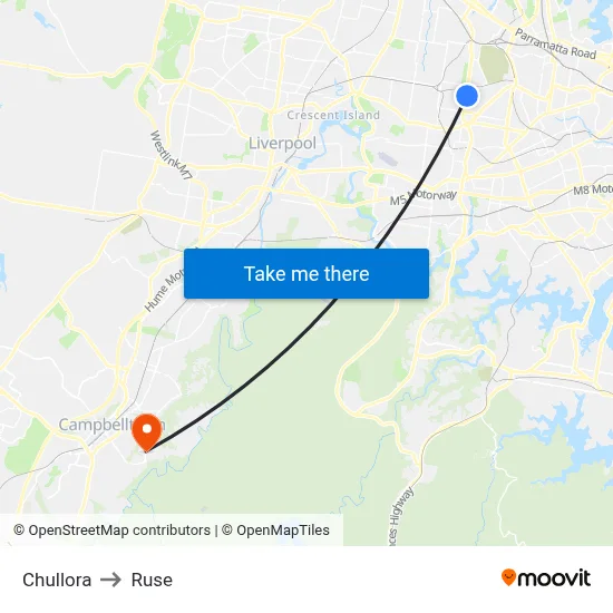 Chullora to Ruse map