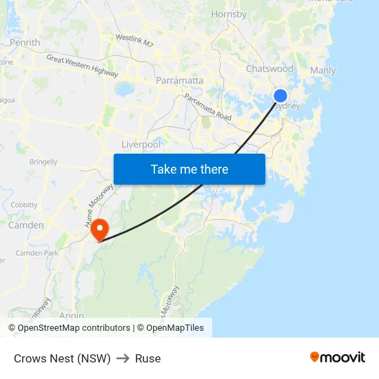 Crows Nest (NSW) to Ruse map