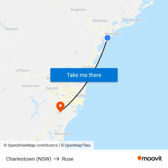 Charlestown (NSW) to Ruse map