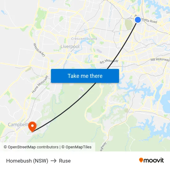 Homebush (NSW) to Ruse map