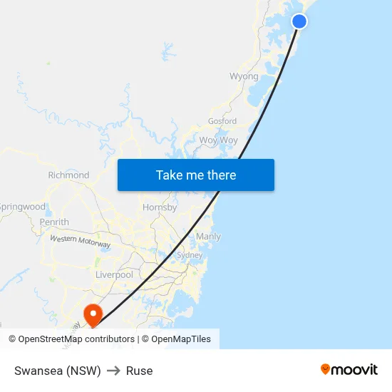 Swansea (NSW) to Ruse map