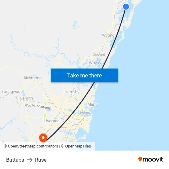 Buttaba to Ruse map