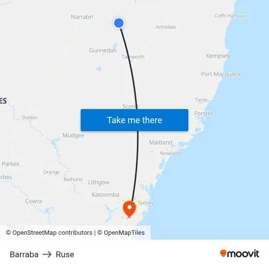 Barraba to Ruse map