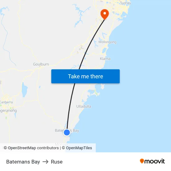 Batemans Bay to Ruse map