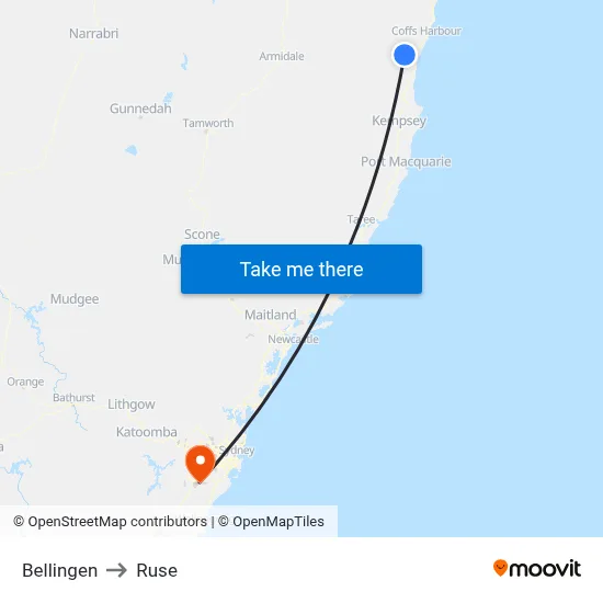 Bellingen to Ruse map