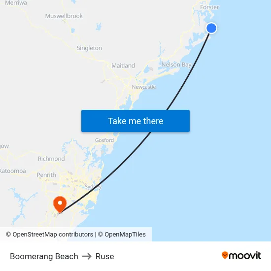 Boomerang Beach to Ruse map
