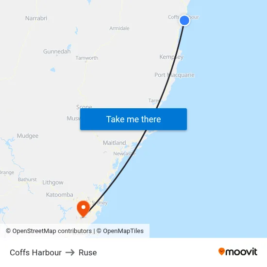Coffs Harbour to Ruse map