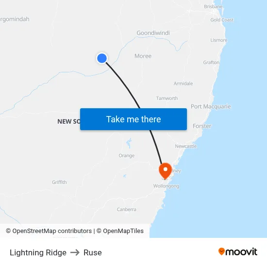 Lightning Ridge to Ruse map