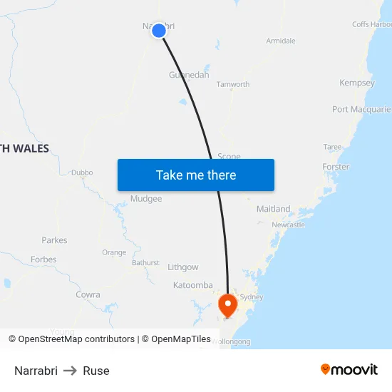 Narrabri to Ruse map