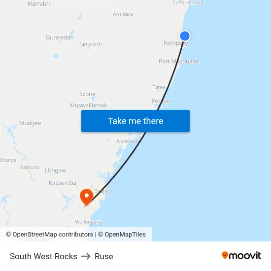 South West Rocks to Ruse map