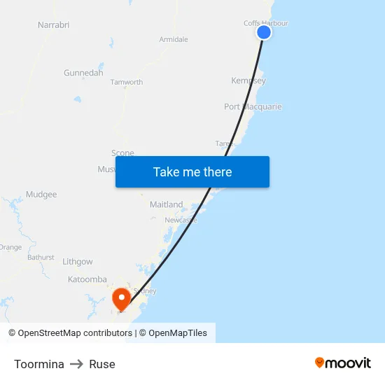 Toormina to Ruse map