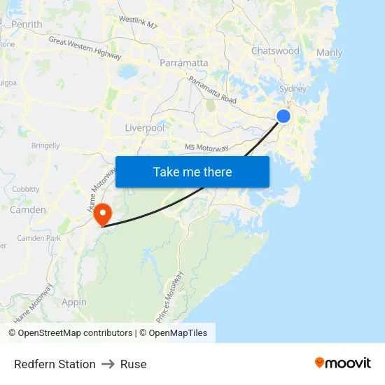 Redfern Station to Ruse map