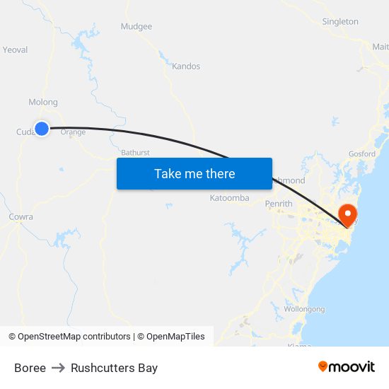 Boree to Rushcutters Bay map