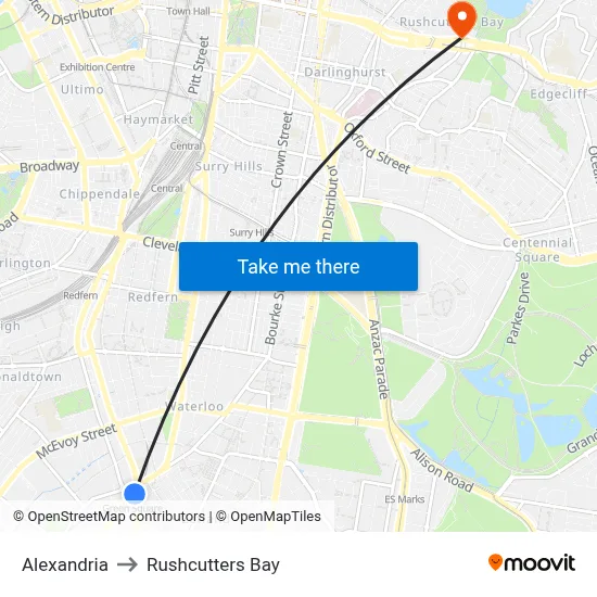 Alexandria to Rushcutters Bay map