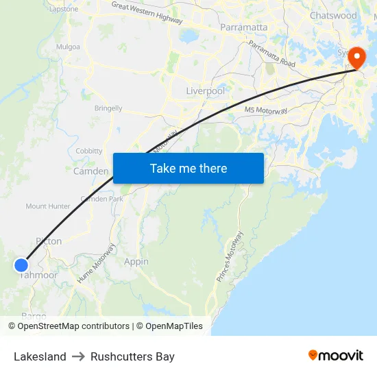 Lakesland to Rushcutters Bay map