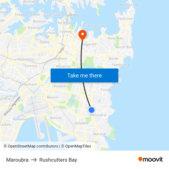 Maroubra to Rushcutters Bay map